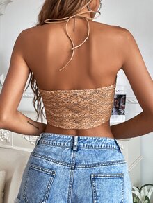 Lace Up Backless Lace Halter Top - Apricot - View 2