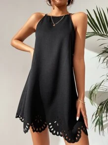 SHEIN PETITE Laser Cut Cami Dress - Black - View 1