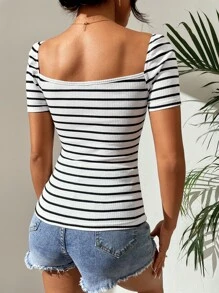 SHEIN PETITE Striped Print Knot Front Tee - Black and White - View 2