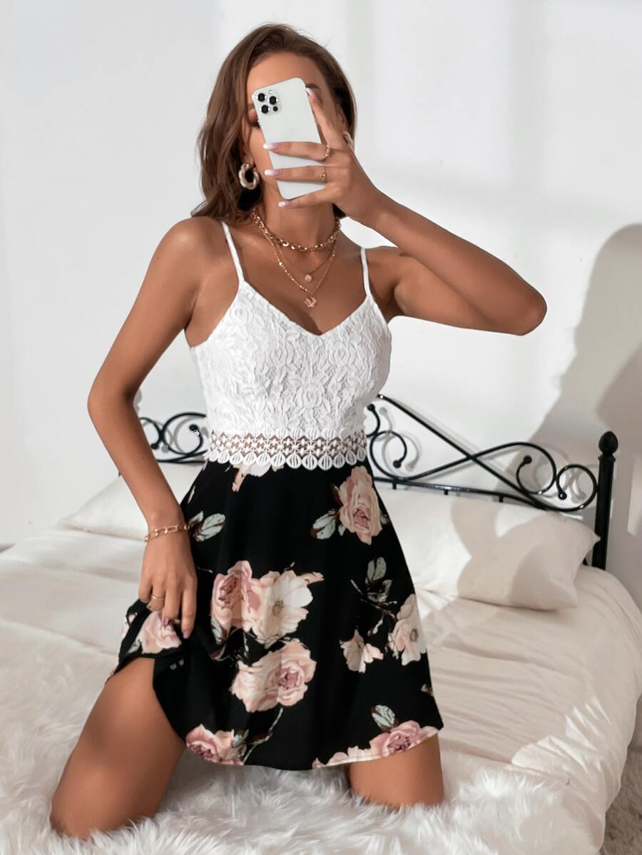 SHEIN VCAY Floral Print Contrast Lace Cami Dress - Black and White - View 1