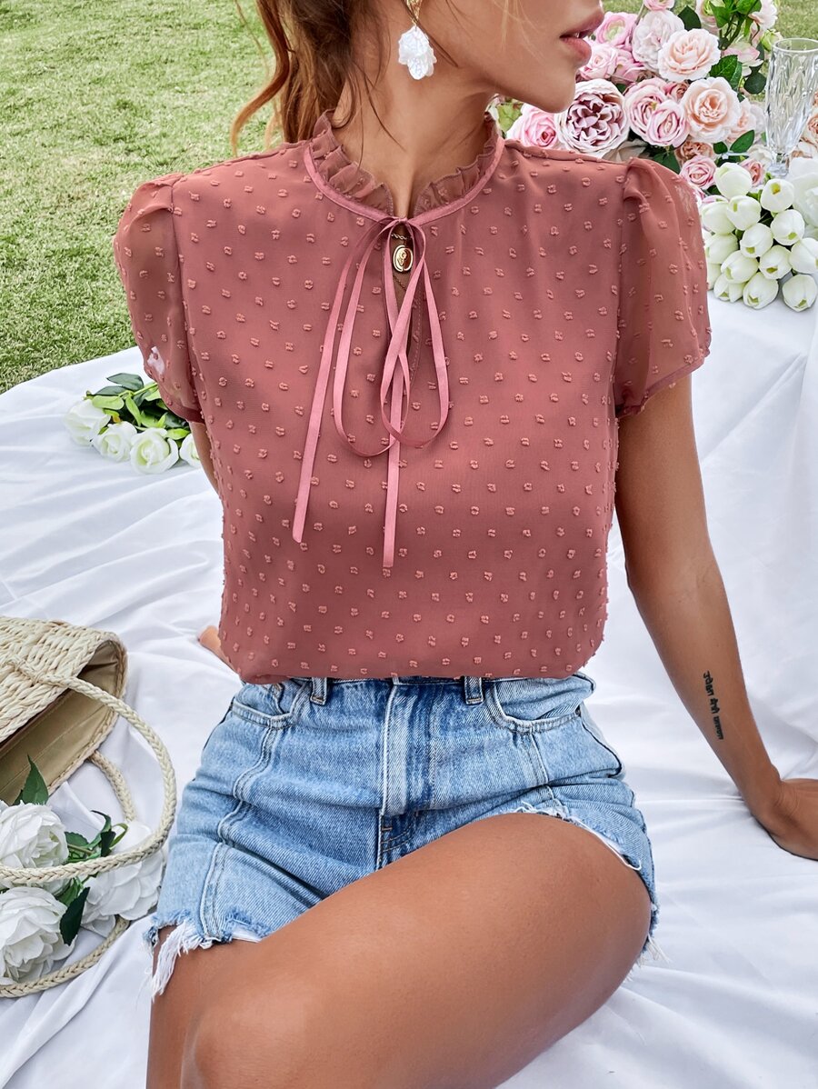 SHEIN VCAY Swiss Dot Puff Sleeve Tie Neck Blouse - Redwood - View 1