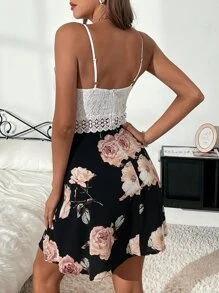 SHEIN VCAY Floral Print Contrast Lace Cami Dress - Black and White - View 2