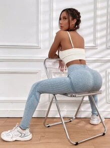 High Stretch Hollow Out High Waisted Sports Leggings - Dusty Blue - View 1