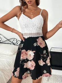 SHEIN VCAY Floral Print Contrast Lace Cami Dress - Black and White - View 3