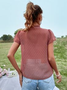 SHEIN VCAY Swiss Dot Puff Sleeve Tie Neck Blouse - Redwood - View 2