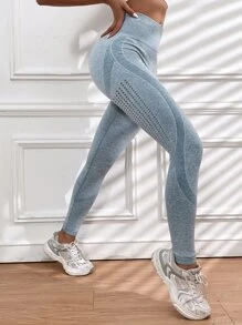 High Stretch Hollow Out High Waisted Sports Leggings - Dusty Blue - View 2