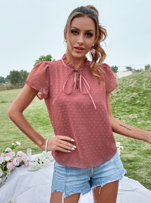 SHEIN VCAY Swiss Dot Puff Sleeve Tie Neck Blouse - Redwood - View 3