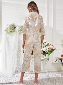 印花蕾絲拼接圍裹側打結睡衣套裝 - 杏色 - 查看 2