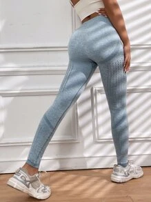 High Stretch Hollow Out High Waisted Sports Leggings - Dusty Blue - View 5