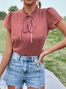 SHEIN VCAY Swiss Dot Puff Sleeve Tie Neck Blouse - Redwood - View 4