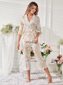 印花蕾絲拼接圍裹側打結睡衣套裝 - 杏色 - 查看 6