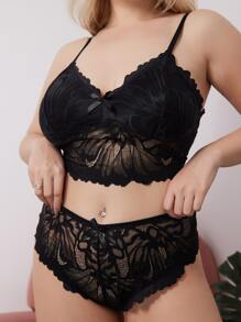Plus Bow Front Lace Bra & Panty Set Lingerie Set - Black - View 3