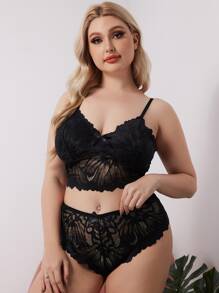 Plus Bow Front Lace Bra & Panty Set Lingerie Set - Black - View 5