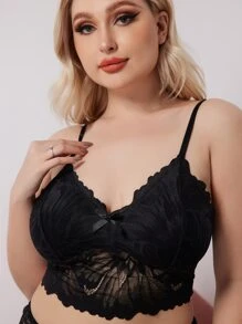 Plus Bow Front Lace Bra & Panty Set Lingerie Set - Black - View 6