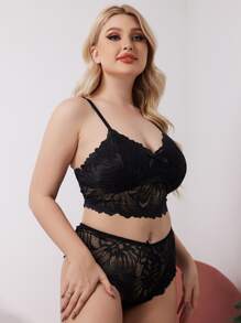 Plus Bow Front Lace Bra & Panty Set Lingerie Set - Black - View 7