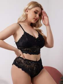Plus Bow Front Lace Bra & Panty Set Lingerie Set - Black - View 8