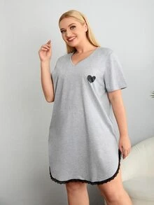 大碼愛心圖案蕾絲邊睡裙 - 淺灰色 - 查看 3