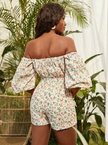 SHEINNeu Off Shoulder Floral Print Knotted Romper - Multicolor - View 2