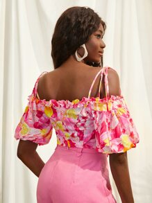 SHEINNeu Knot Detail Lemon & Floral Print Top - Multicolor - View 2