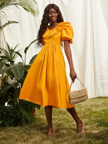 SHEINNeu Solid Puff Sleeve Dress - Yellow - View 4