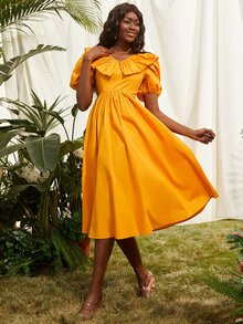 SHEINNeu Solid Puff Sleeve Dress - Yellow - View 5