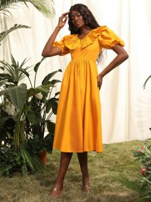 SHEINNeu Solid Puff Sleeve Dress - Yellow - View 1