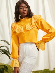 SHEINNeu Áo sơ mi nữ Xù Nút phía trước Tranh thêu màu trơn Boho - Màu vàng - Xem 5