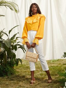 SHEINNeu Áo sơ mi nữ Xù Nút phía trước Tranh thêu màu trơn Boho - Màu vàng - Xem 4