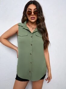 SHEIN 孕婦翻蓋口袋不對稱下擺上衣 - 軍綠色 - 查看 3