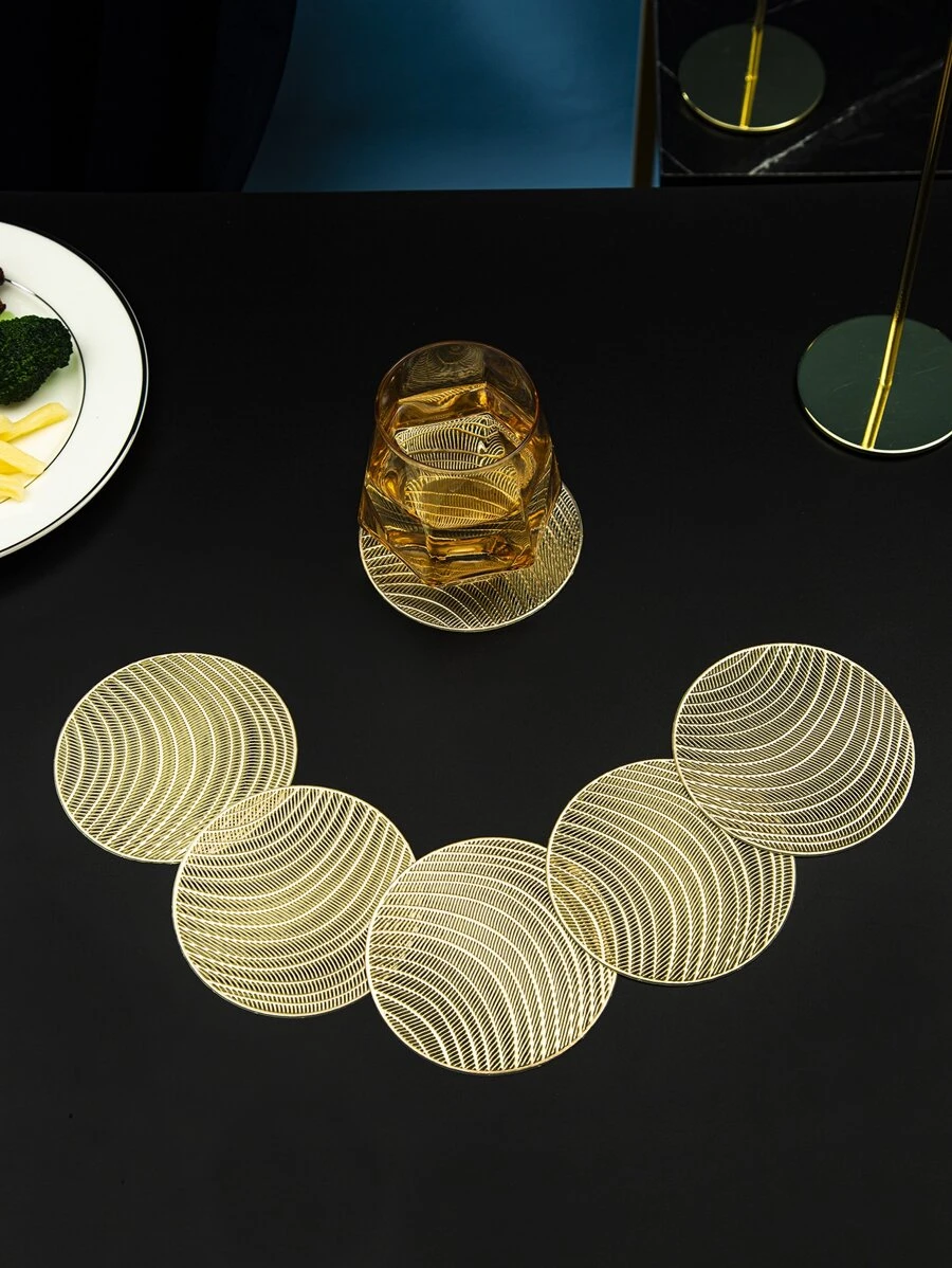 6pcs Round Hollow Coaster, Gold PVC Cup Mat For Dining Table - Gold - View 1