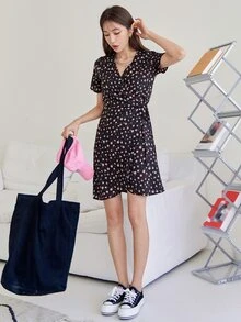 DAZY Đầm Thắt nút Trọn gói Họa tiết hoa Boho - màu đen - Xem 3