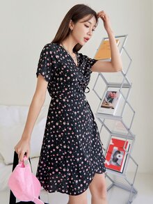 DAZY Đầm Thắt nút Trọn gói Họa tiết hoa Boho - màu đen - Xem 7