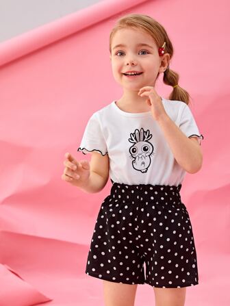 2is3 Fille Ensemble short & top à dessin animé et à pois à ourlet ondulé