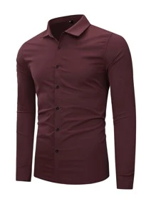 Manfinity Homme 男士前紐扣襯衫 - 酒紅色 - 查看 1