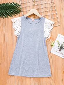 SHEIN 小女童拼接網眼刺繡袖T恤洋裝 - 灰色 - 查看 1