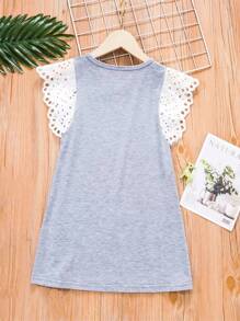 SHEIN 小女童拼接網眼刺繡袖T恤洋裝 - 灰色 - 查看 2