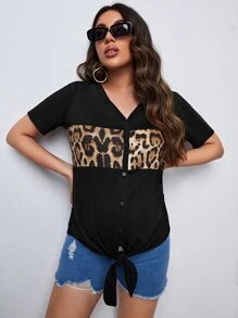 SHEIN Áo thun Bà bầu Thắt nút Nút phía trước Báo Giải trí - màu đen - Xem 1