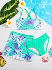 3 件装年轻女孩鱼鳞印花交叉比基尼套装和沙滩裙夏季海滩