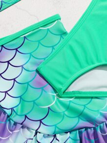 3 件装年轻女孩鱼鳞印花交叉比基尼套装和沙滩裙夏季海滩