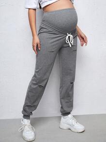 SHEIN Maternity Wide Waistband Ripped Trousers - Grey - View 4