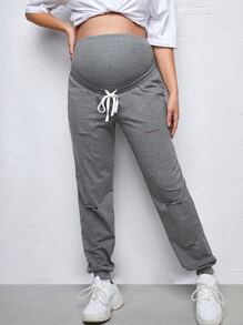 SHEIN Maternity Wide Waistband Ripped Trousers - Grey - View 5