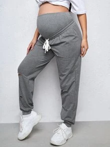 SHEIN Maternity Wide Waistband Ripped Trousers - Grey - View 1