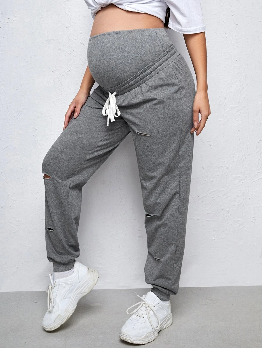 SHEIN Maternity Wide Waistband Ripped Trousers - Grey - View 1