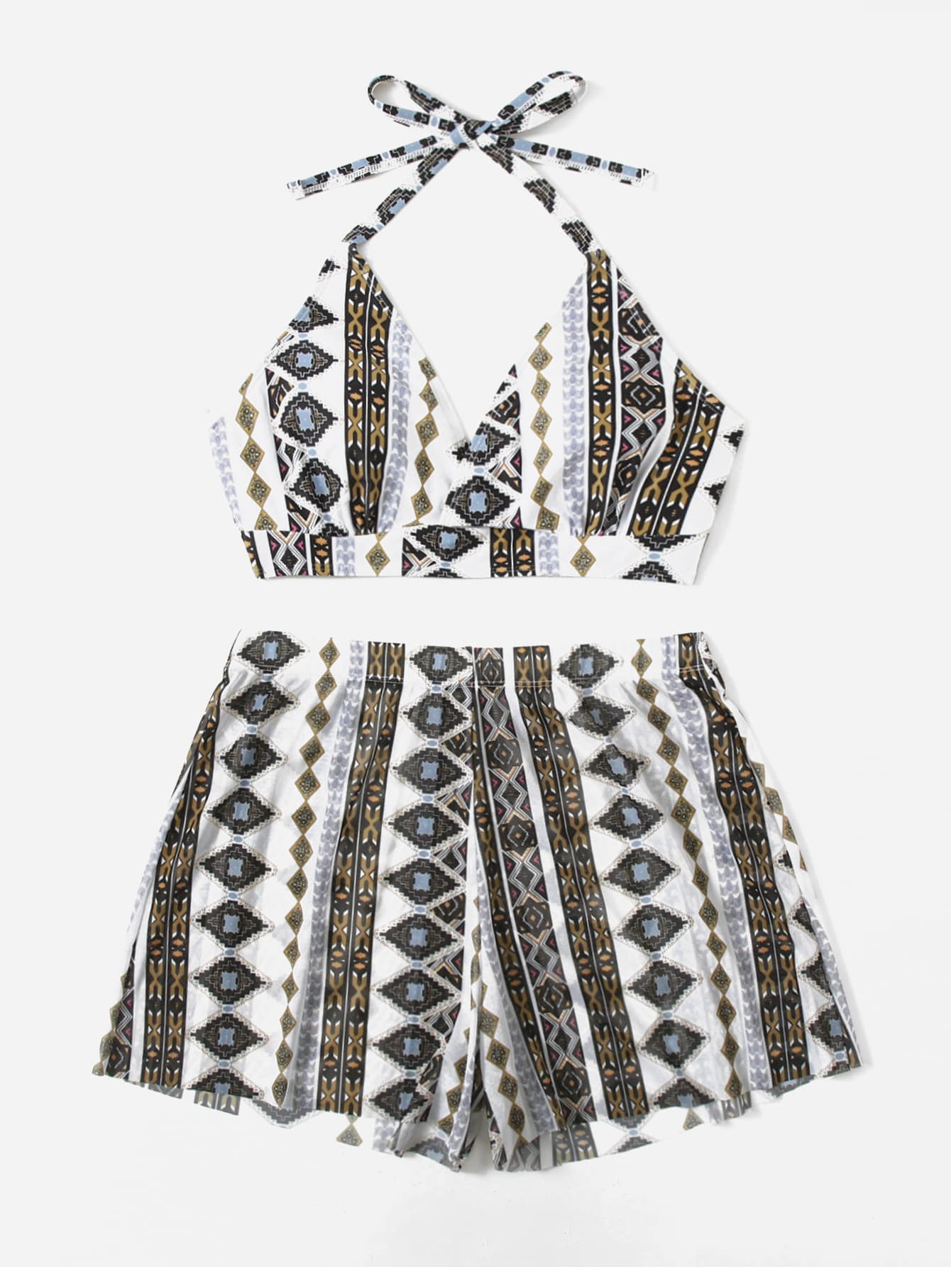 Geo Graphic Halter Shorts Bikini - Multicolor - View 1