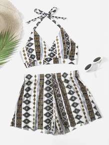 Geo Graphic Halter Shorts Bikini - Multicolor - View 3