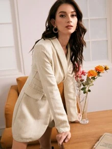 SHEIN Frenchy 披肩領翻翻細節西裝外套洋裝 - 米色 - 查看 4