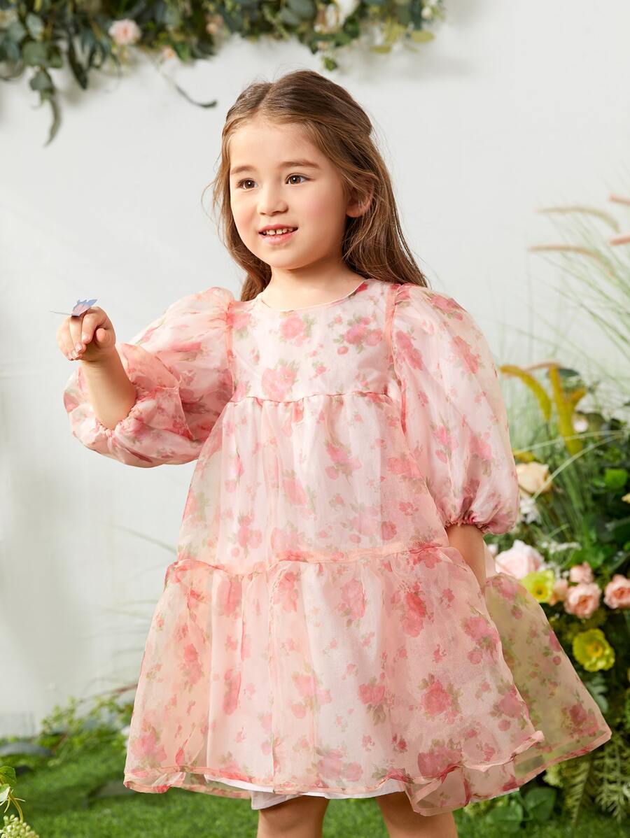 SHEIN 小女童花卉圖案燈籠袖網紗娃娃裙 - 淺粉色 - 查看 1