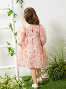 SHEIN 小女童花卉圖案燈籠袖網紗娃娃裙 - 淺粉色 - 查看 2