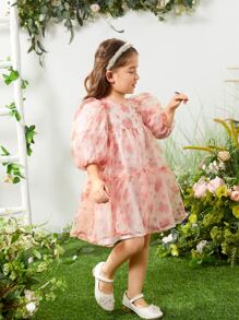 SHEIN 小女童花卉圖案燈籠袖網紗娃娃裙 - 淺粉色 - 查看 3
