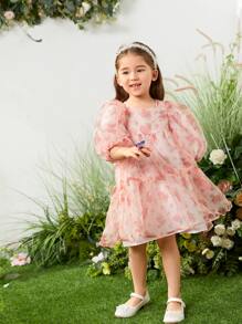 SHEIN 小女童花卉圖案燈籠袖網紗娃娃裙 - 淺粉色 - 查看 4
